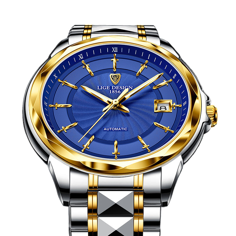 Luxury watch with blue dial and gold accents on a dark background