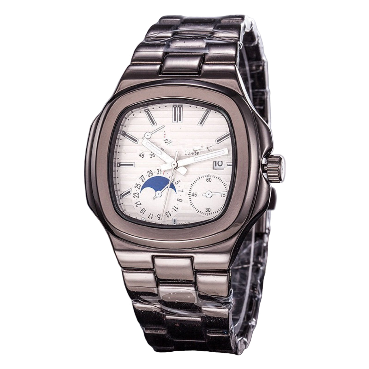 Silver wristwatch with detailed face on a dark surface