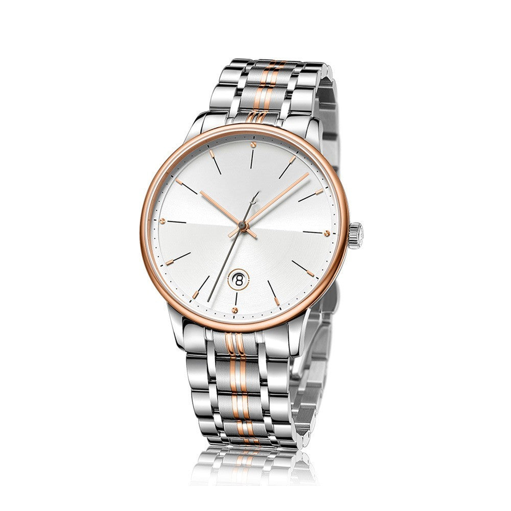 Silver and rose gold watch with a white face on a white background