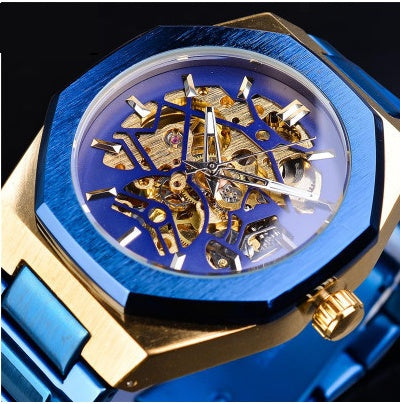 Blue and gold mechanical watch with intricate design