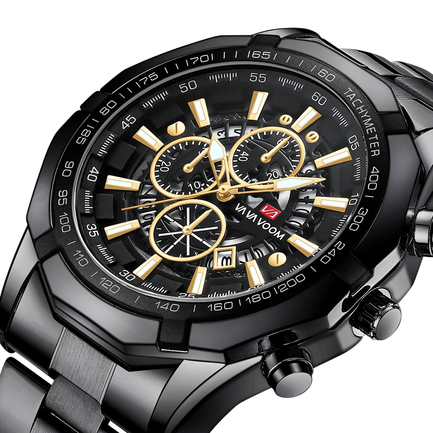 Luxury watch with black and gold face