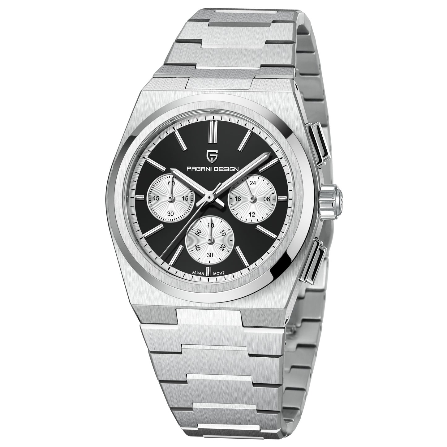 Silver watch with black dial on a white background
