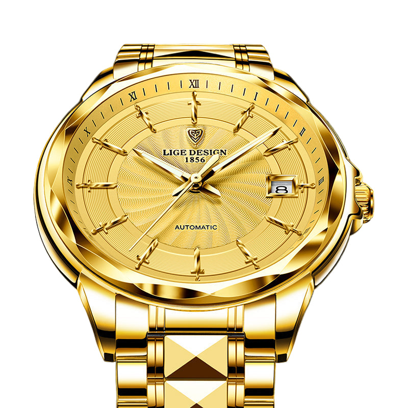 Gold wristwatch with detailed design on a dark background