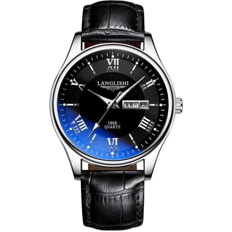 Watch with black leather strap and blue dial on a white background