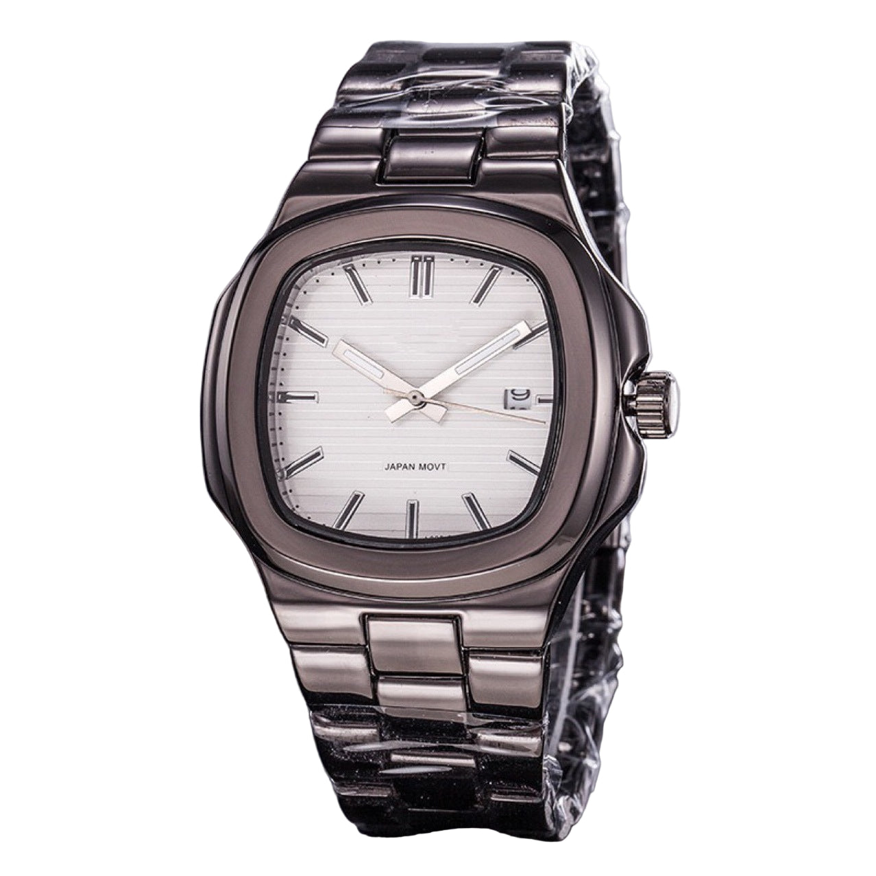 Silver wristwatch with a white face on a dark surface