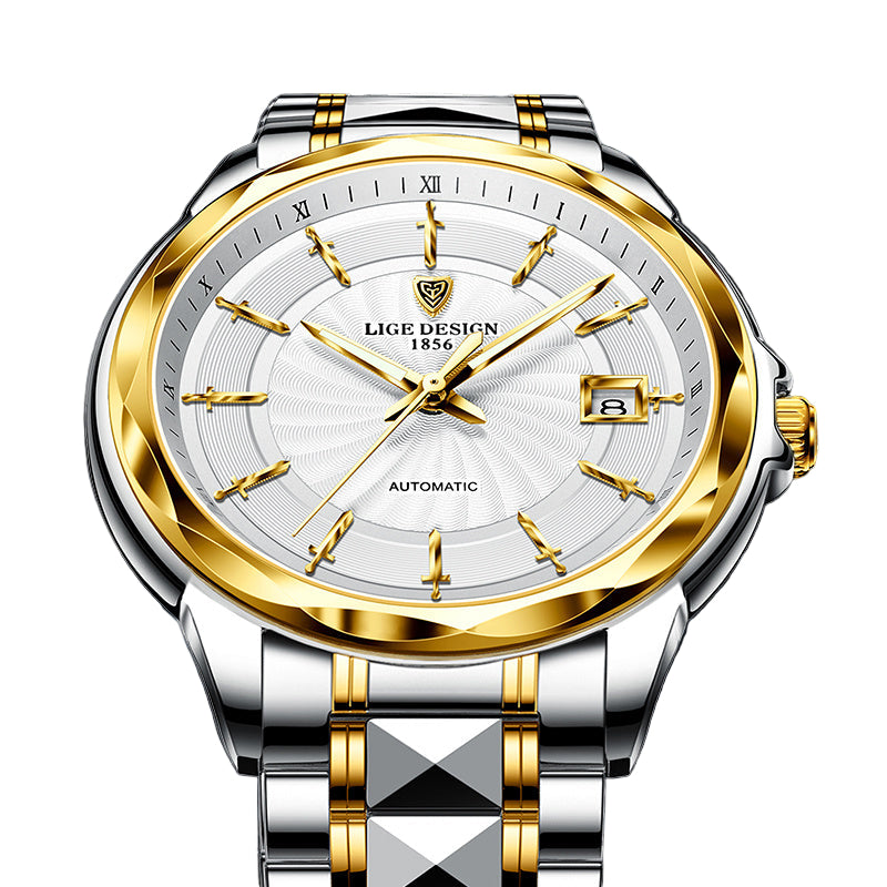 Luxury silver and gold watch with white dial on a dark background
