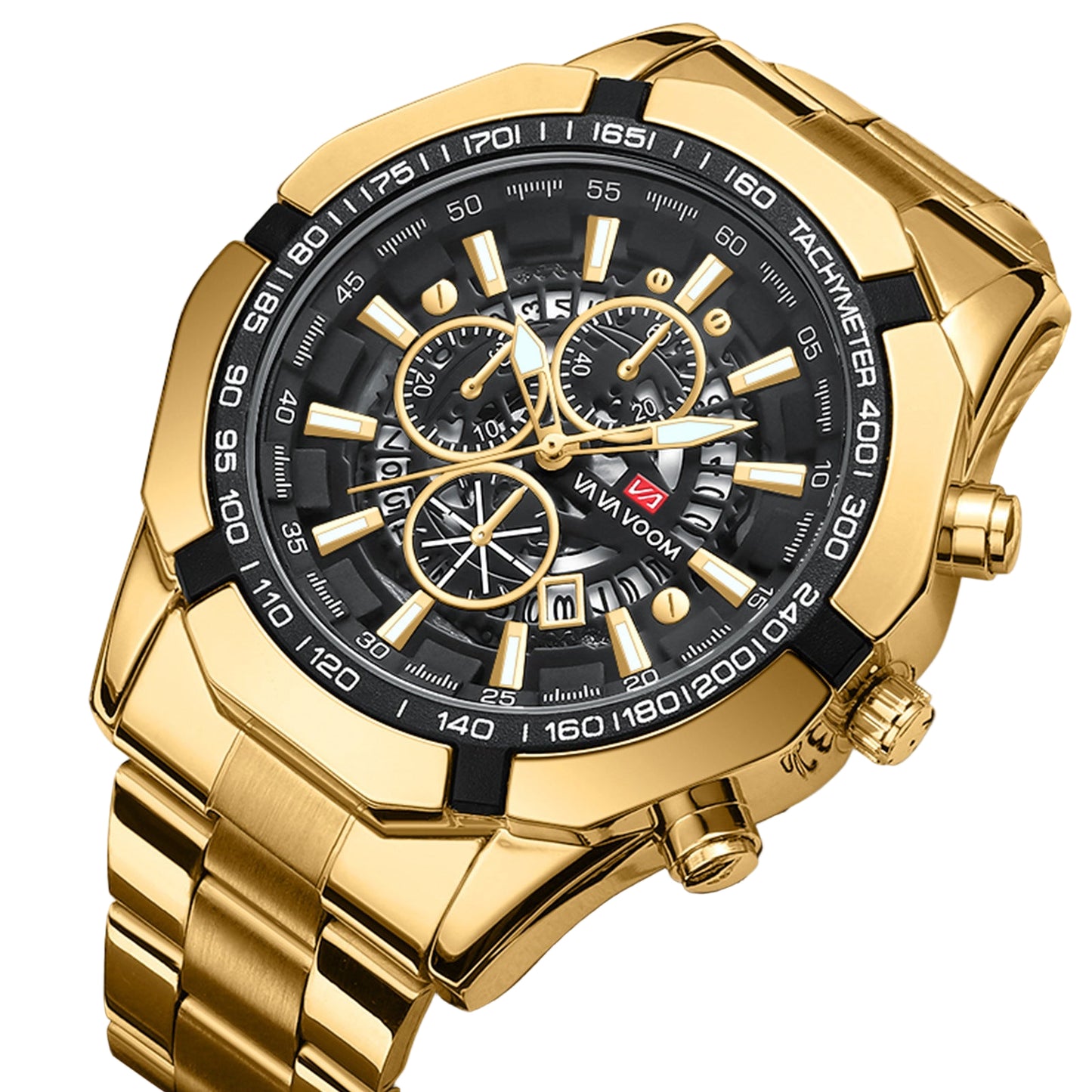 Gold wristwatch with a detailed face on a white background, featuring the Wavium brand.