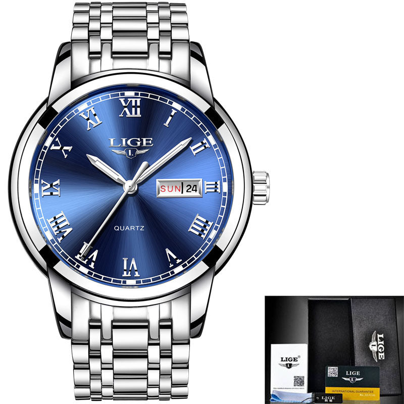 Silver watch with blue face and LIGE branding on a white background
