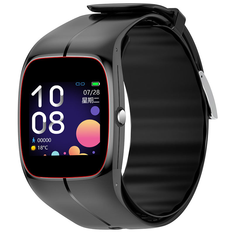 Black smartwatch with a colorful display on a white background