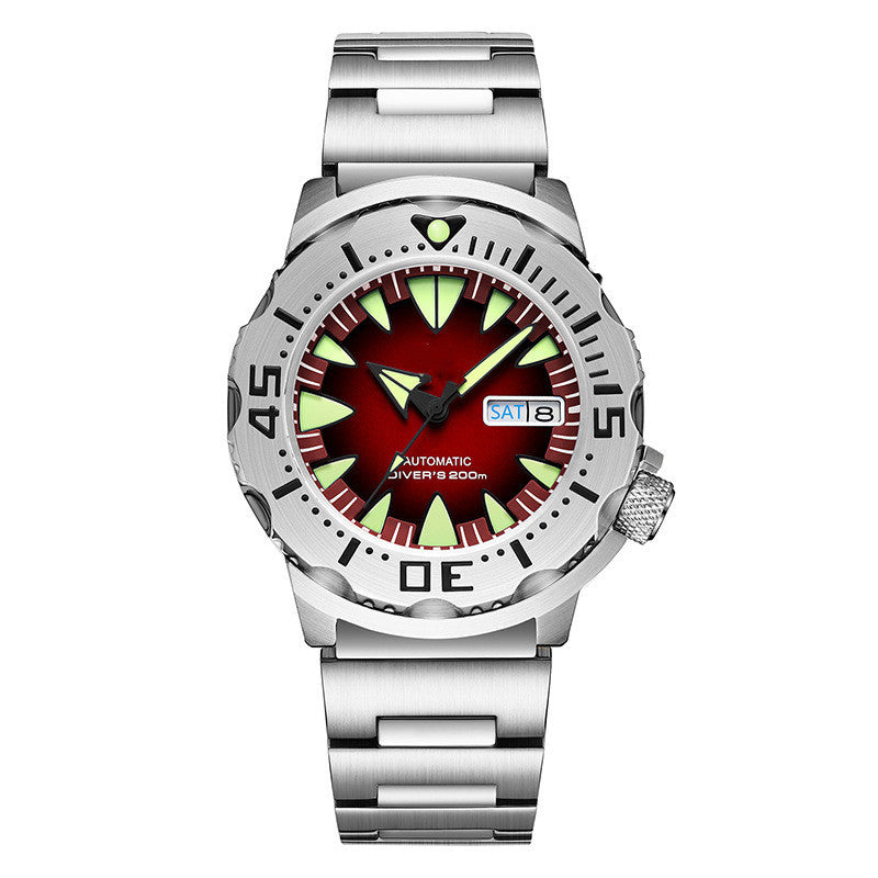 Wristwatch with a red and green face on a white background