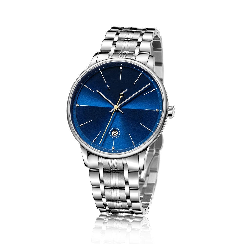 Silver watch with a blue face on a white background