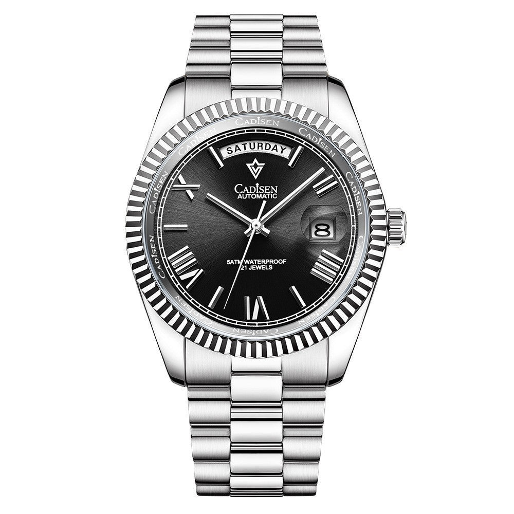 Silver wristwatch with black dial on a white background