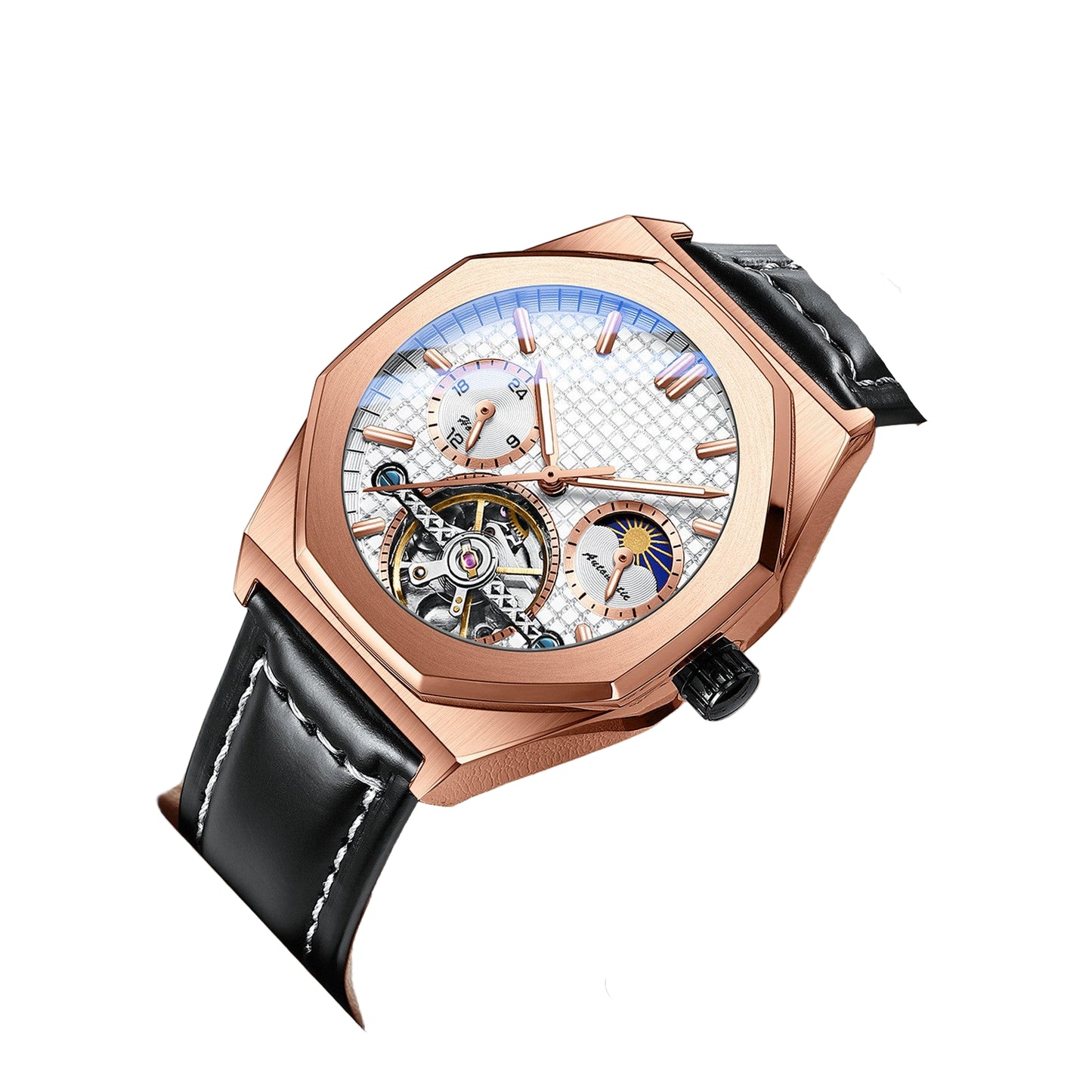Luxury watch with black leather strap and rose gold case on a white background