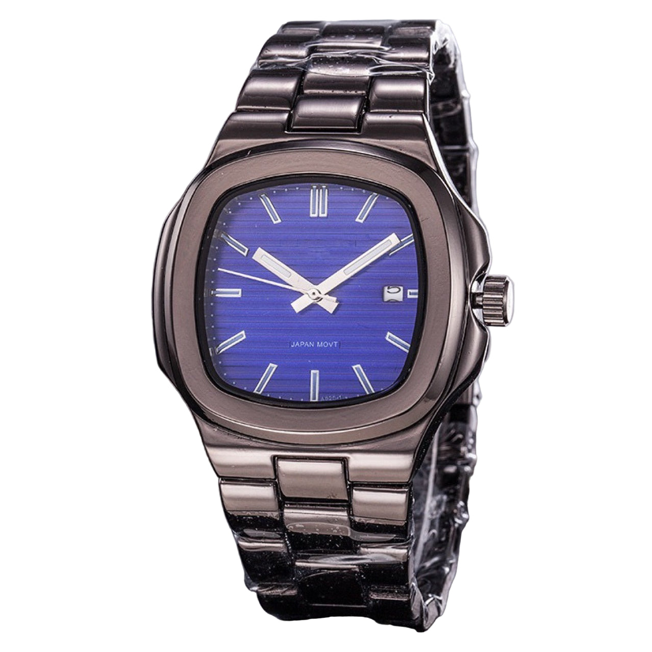 Silver watch with a blue face on a dark surface