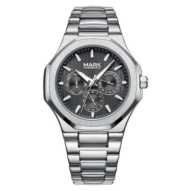 Silver watch with a detailed face on a white background