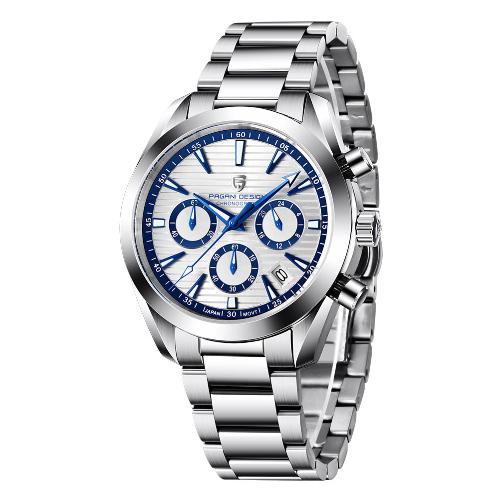 Silver wristwatch with a white face and blue accents on a white background