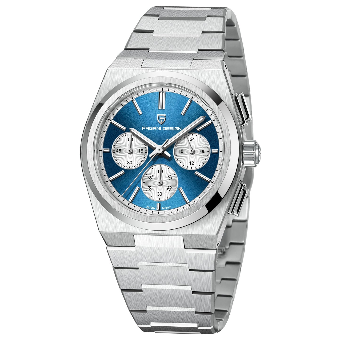 Silver watch with blue face on a white background