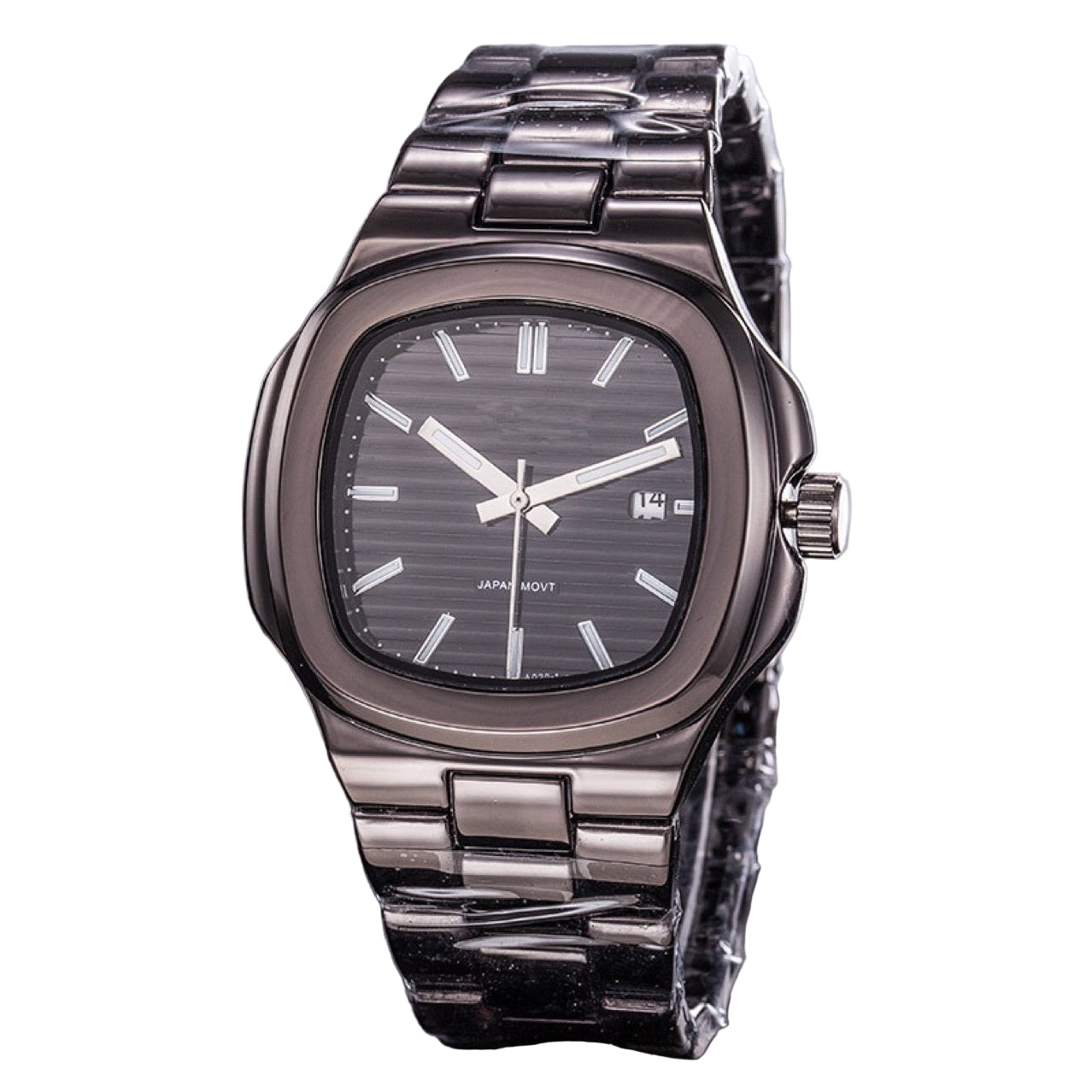 Silver wristwatch with a black face on a dark surface