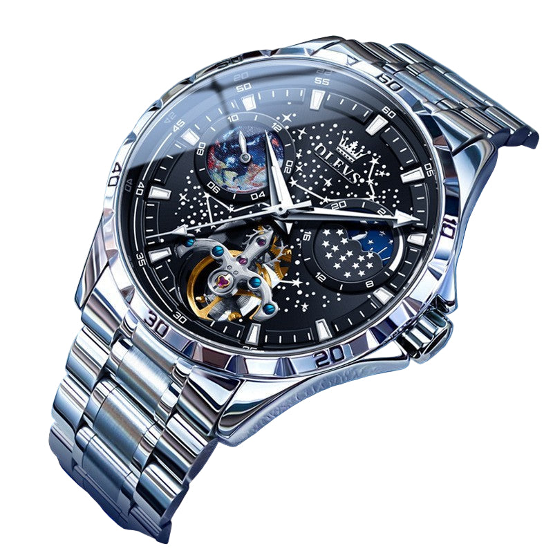 Luxury silver watch with a detailed face on a blue background