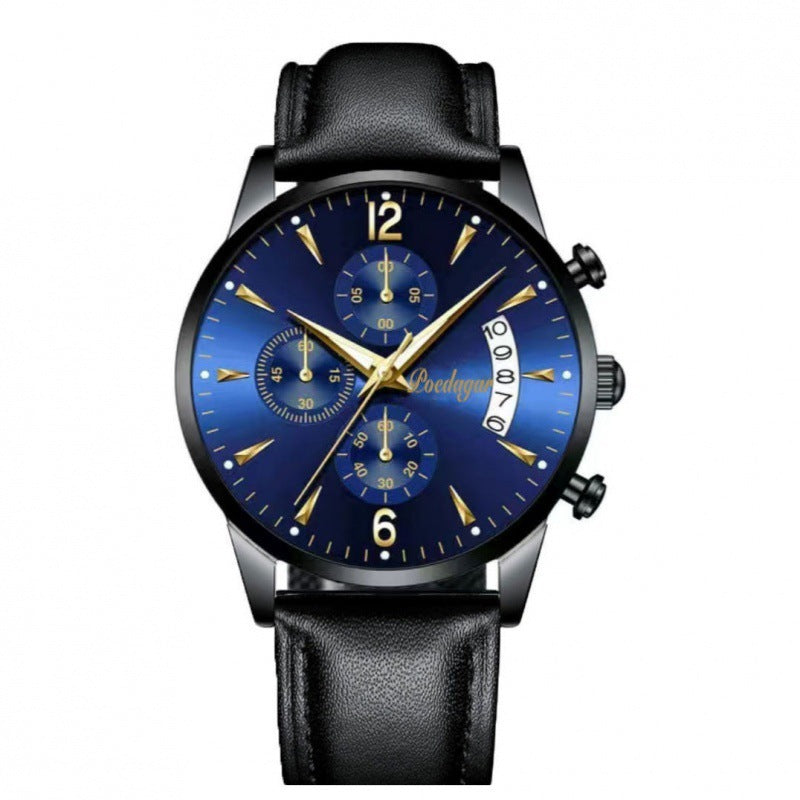 Wristwatch with blue dial and black leather strap on a white background