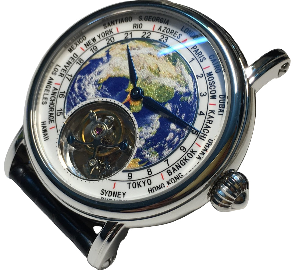 World map watch with black leather strap on a white background