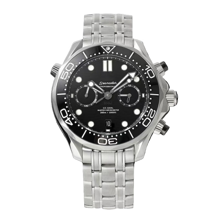 Silver watch with black dial on a black background