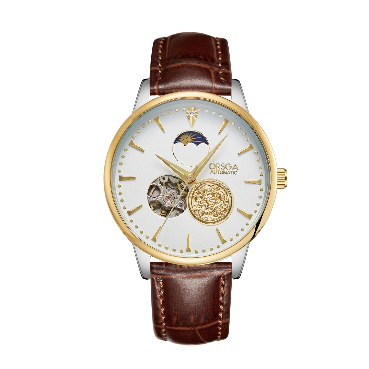 Watch with brown leather strap and gold and silver dial on a white background