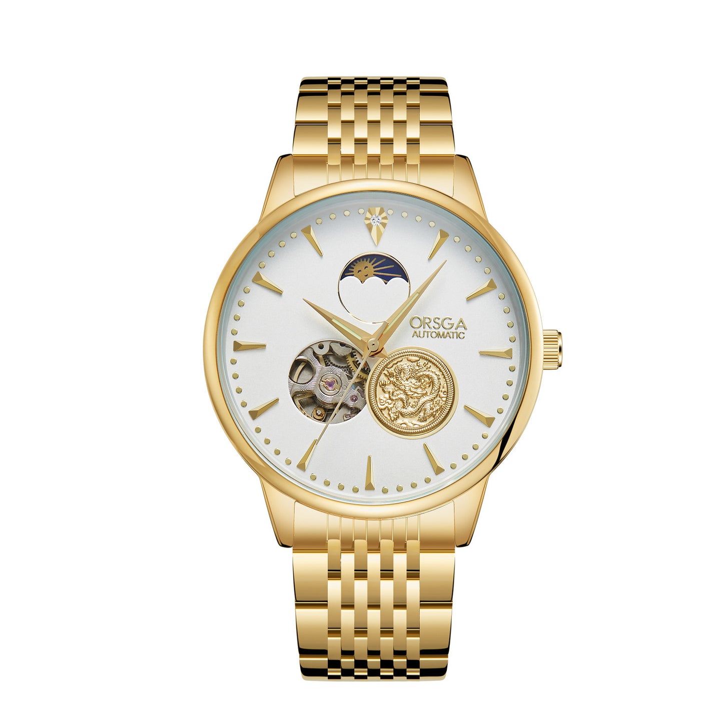 Gold wristwatch with a white face on a white background
