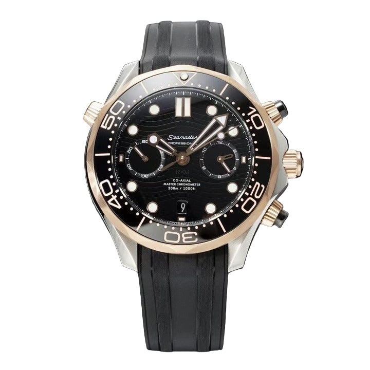 Luxury watch with black dial and rubber strap on a black background