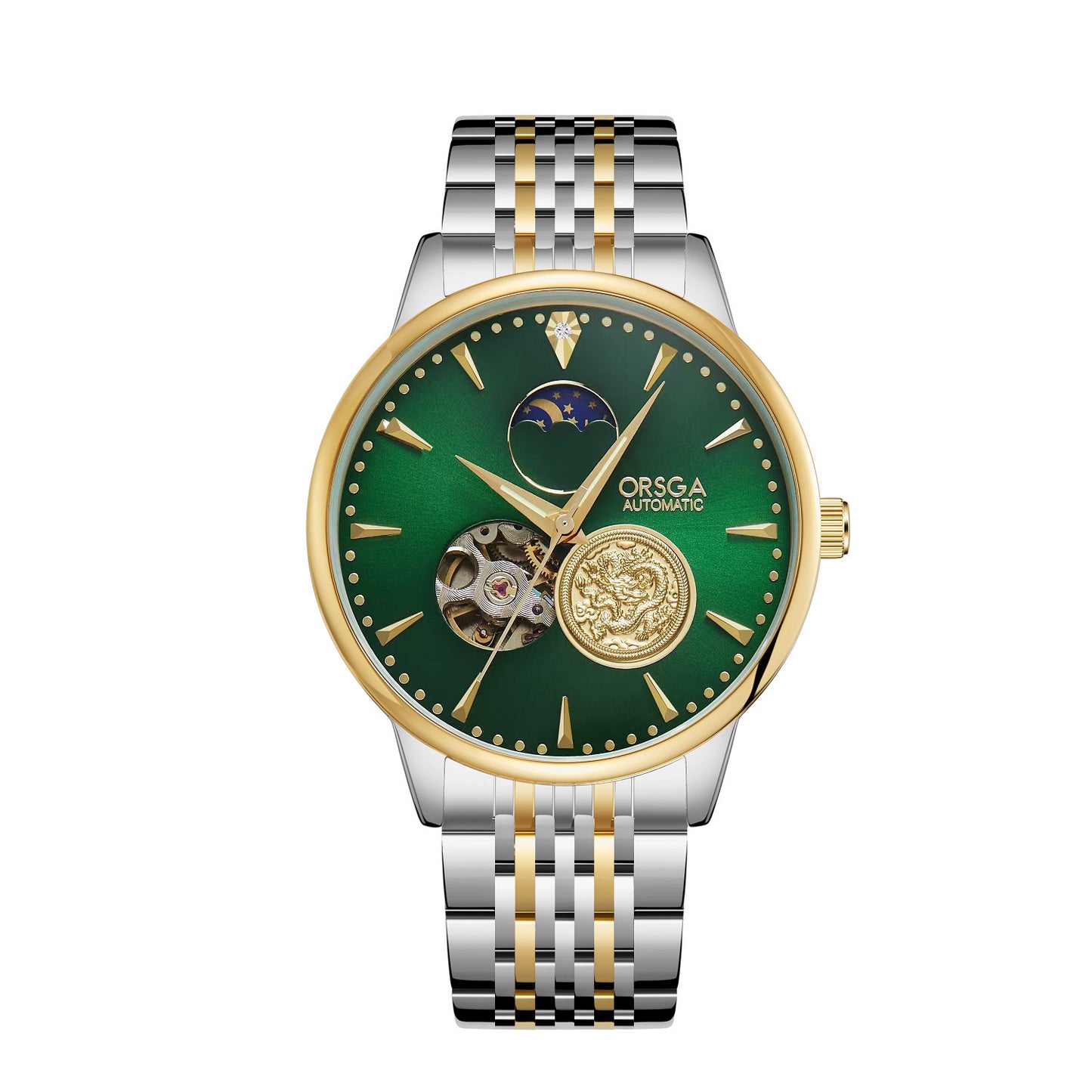 Luxury watch with green dial and two-tone metal bracelet on white background