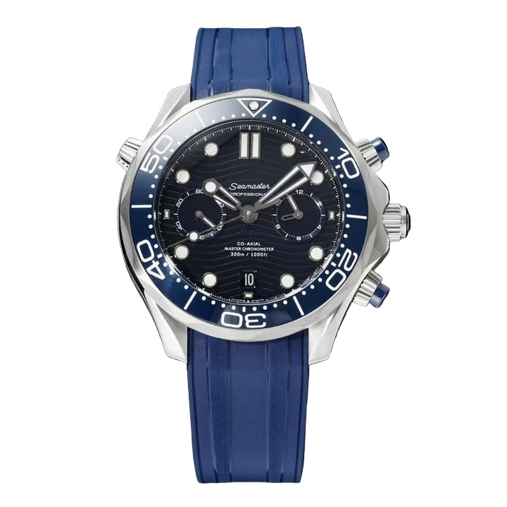 Watch with blue strap and dark face on a black background