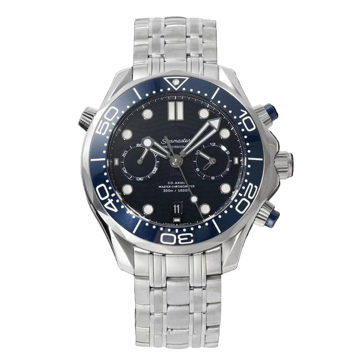 Silver watch with a black face on a black background