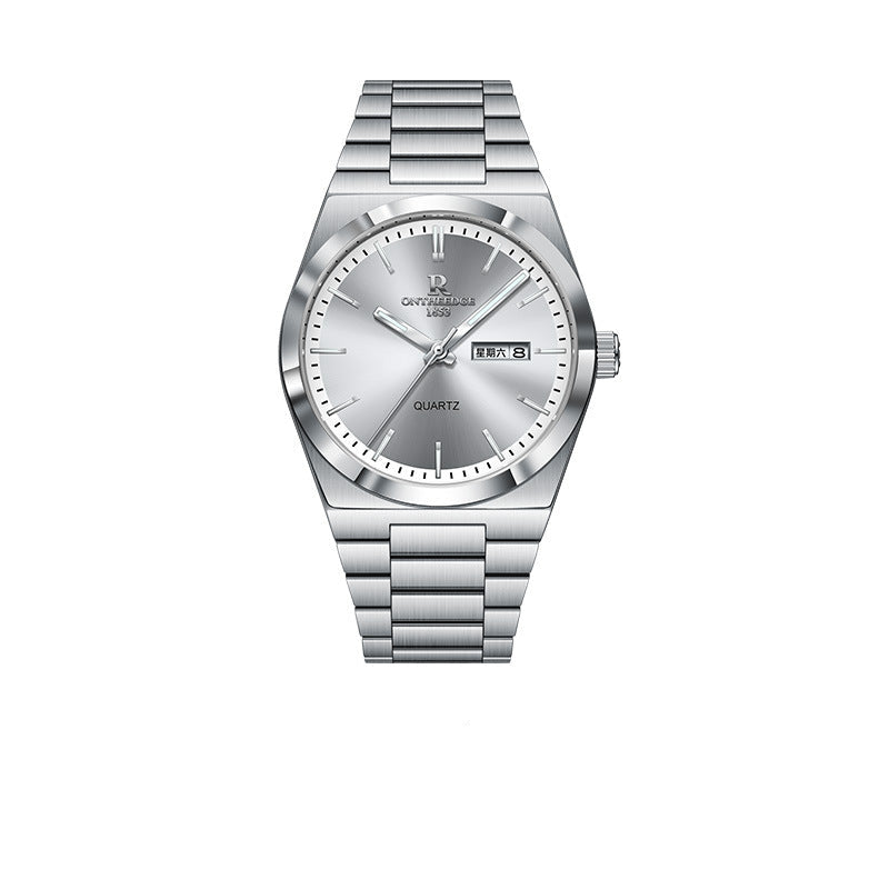 Silver watch with brand logo on a white background