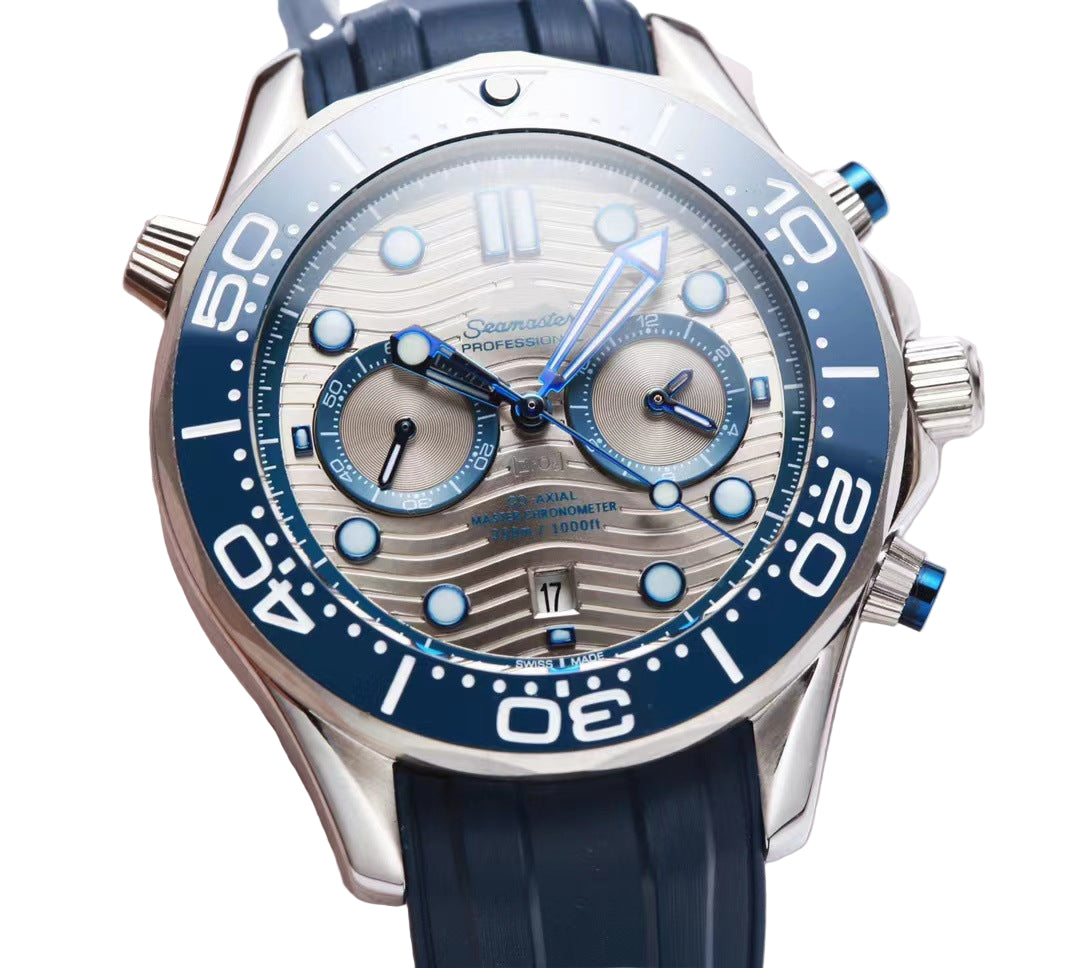 Luxury watch with blue strap and detailed face on a white background