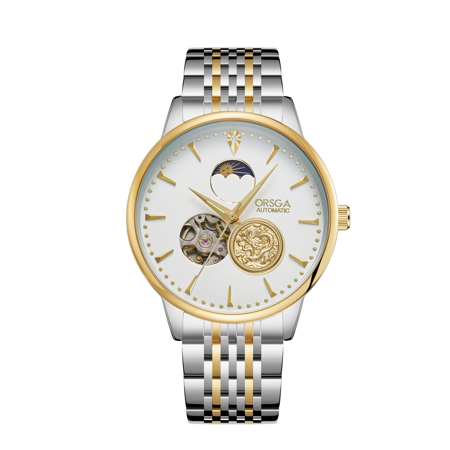 Oris watch with silver and gold band on white background