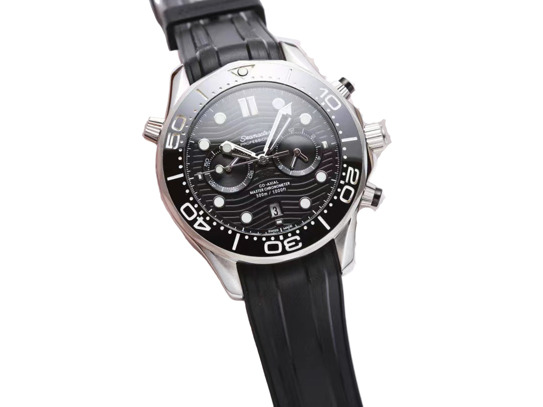 Wristwatch with black dial and rubber strap on a white background