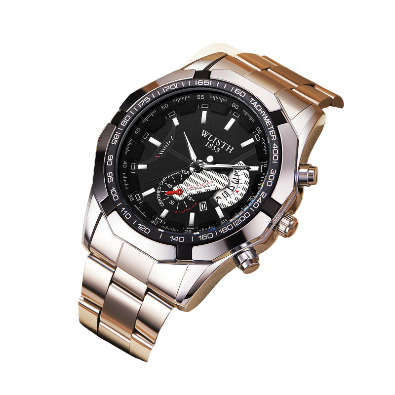 Silver wristwatch with black dial on a beige background