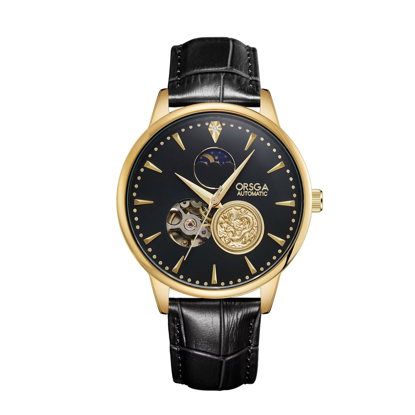 Orsga watch with black leather strap and gold case on white background