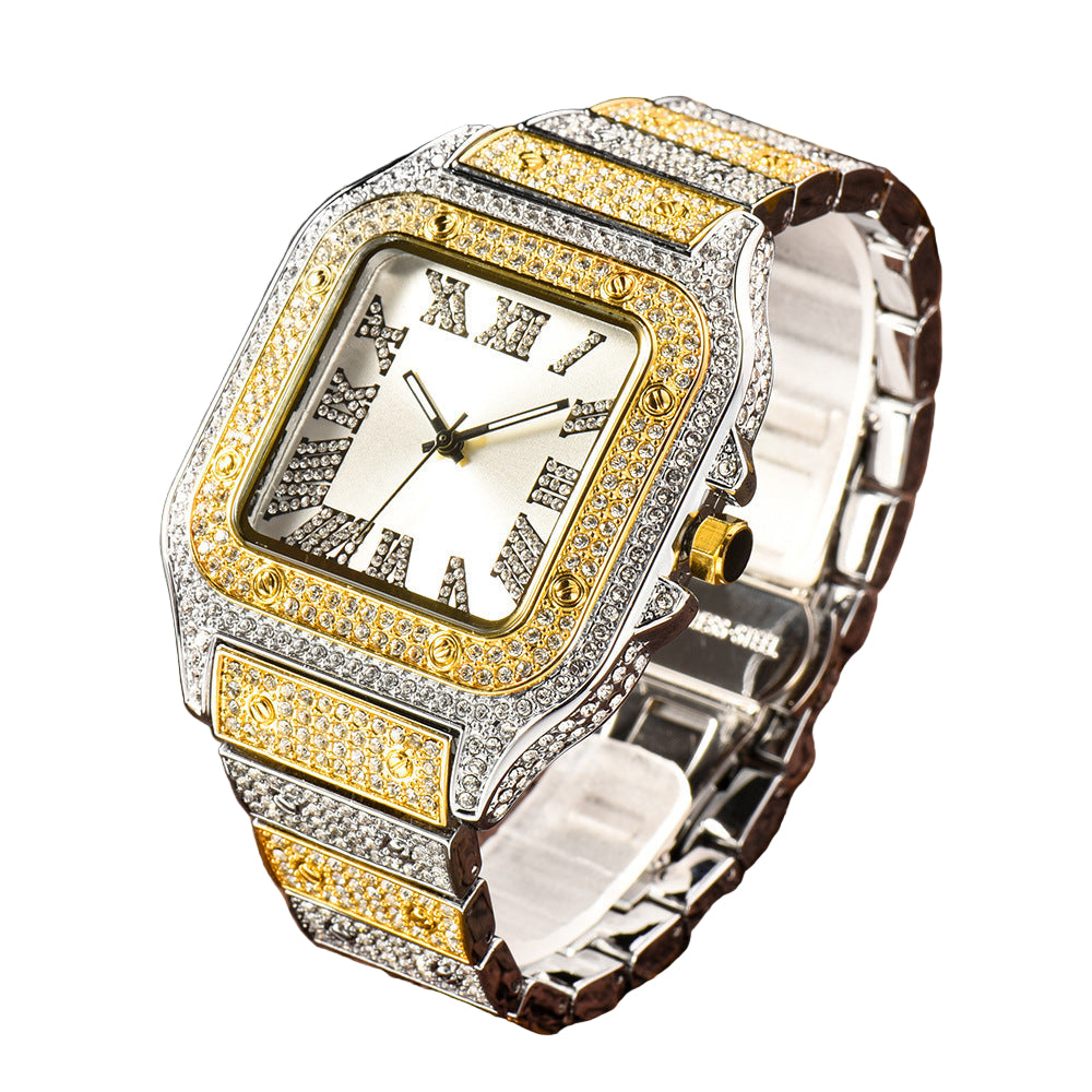Cross-border European And American Popular Roman Scale High-end Fashionable Hip-hop Diamond-set Square Men's Watch