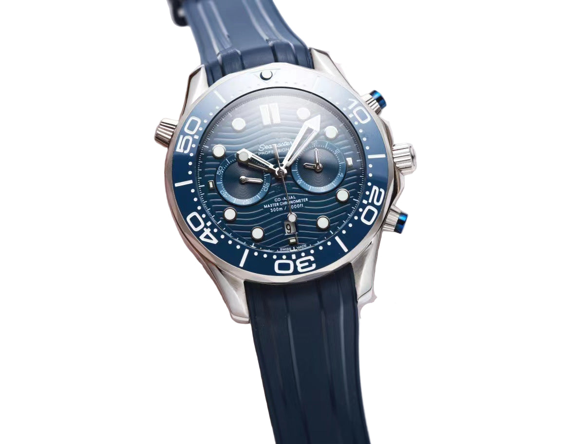 Wristwatch with blue strap and blue dial on a white background