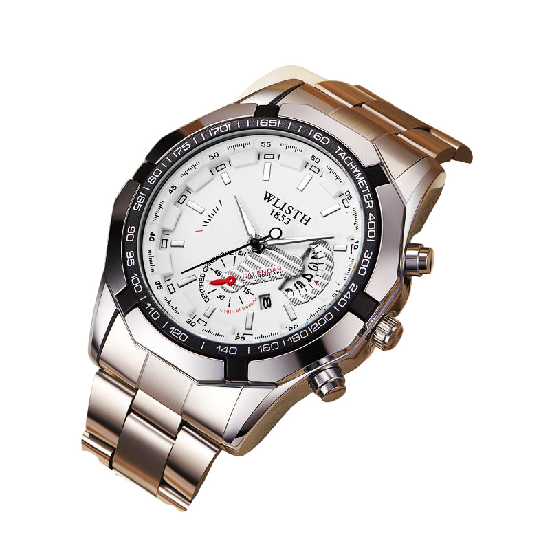 Silver wristwatch with detailed face on a beige background