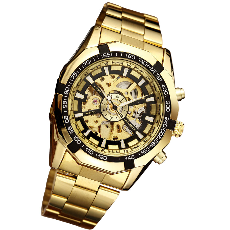 Gold wristwatch with a detailed face on a white background