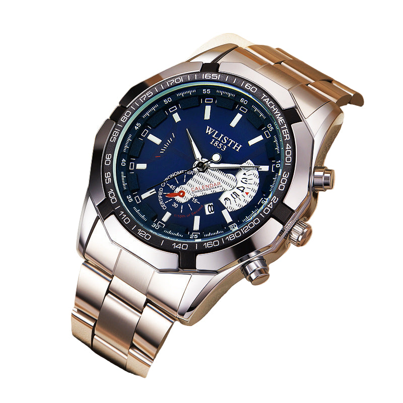 Silver wristwatch with a blue face on a beige background