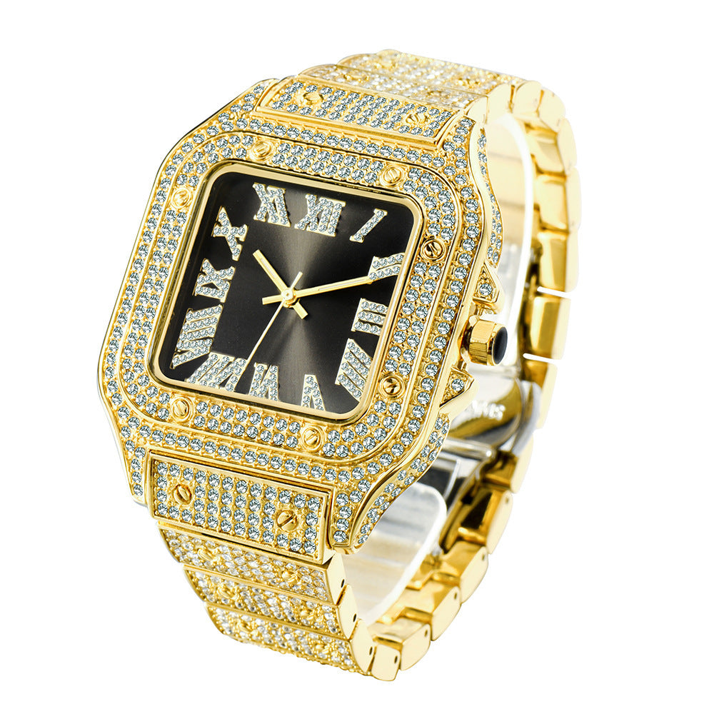 MISSFOX Cross-border European And American Popular Roman Scale High-end Fashionable Hip-hop Diamond-set Square Men's Watch
