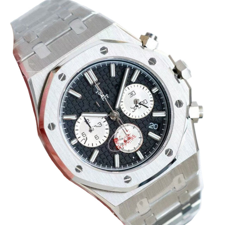 Luxury watch with a silver case and black dial on a white background