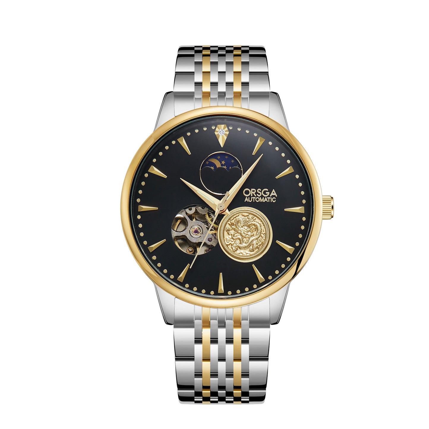 Luxury watch with silver and gold band on a white background