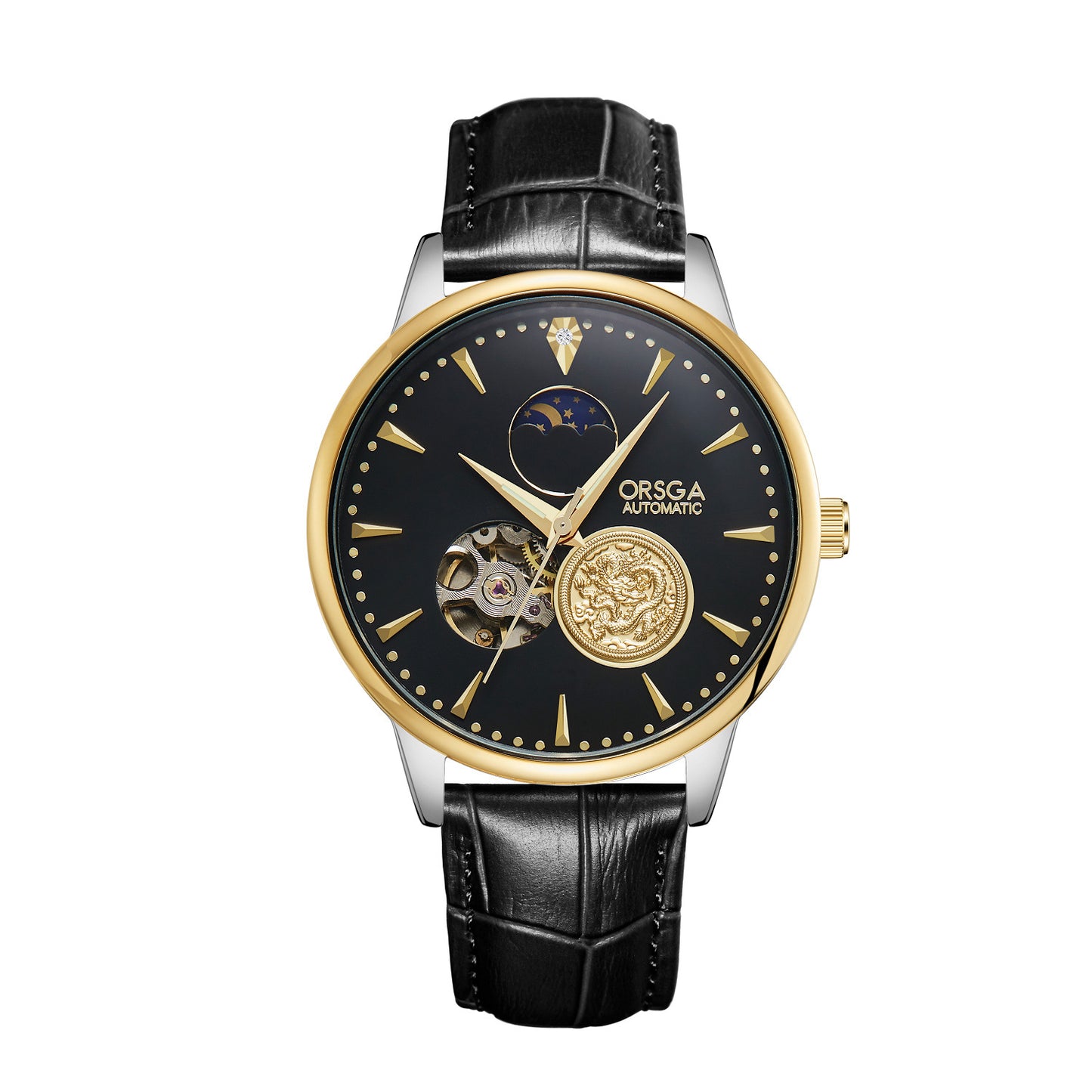 Luxury watch with black leather strap and gold and black face on a white background