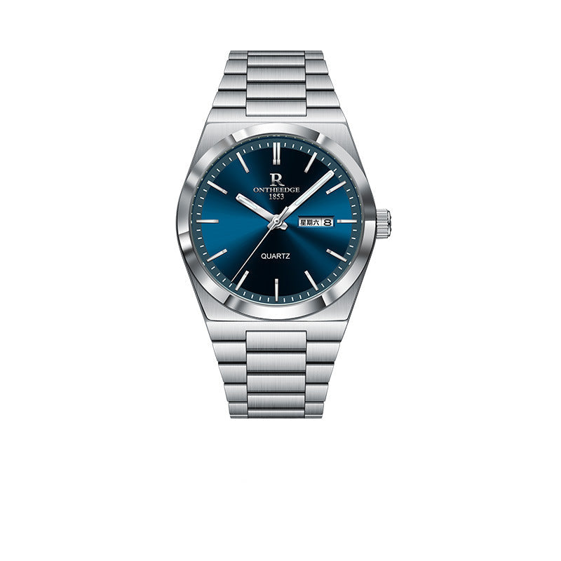 Silver and blue watch with brand logo on a white background