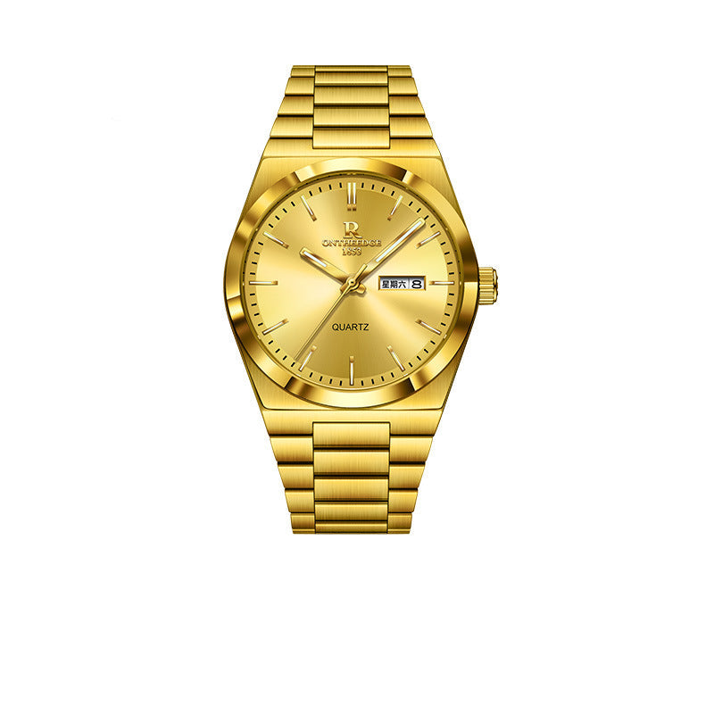 Gold wristwatch with a white background