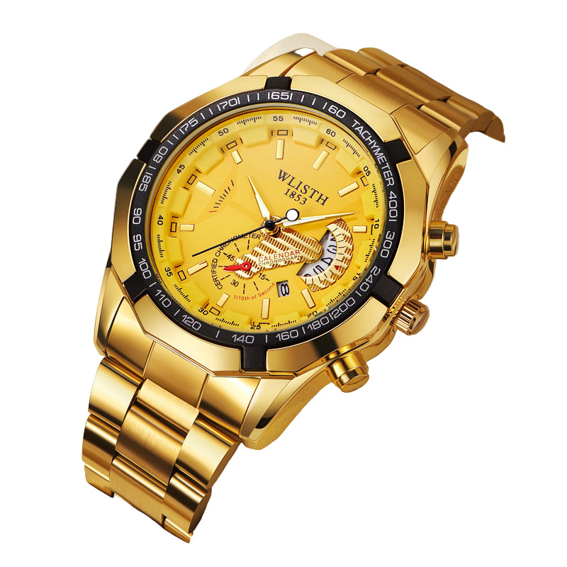Gold wristwatch with a detailed face on a beige background